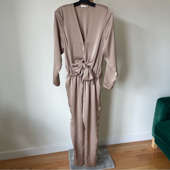 Ramy Brook Alec Front Tie Champagne Beige Satin Charmeuse Plunge Neck Jumpsuit S - Picture 4 of 11